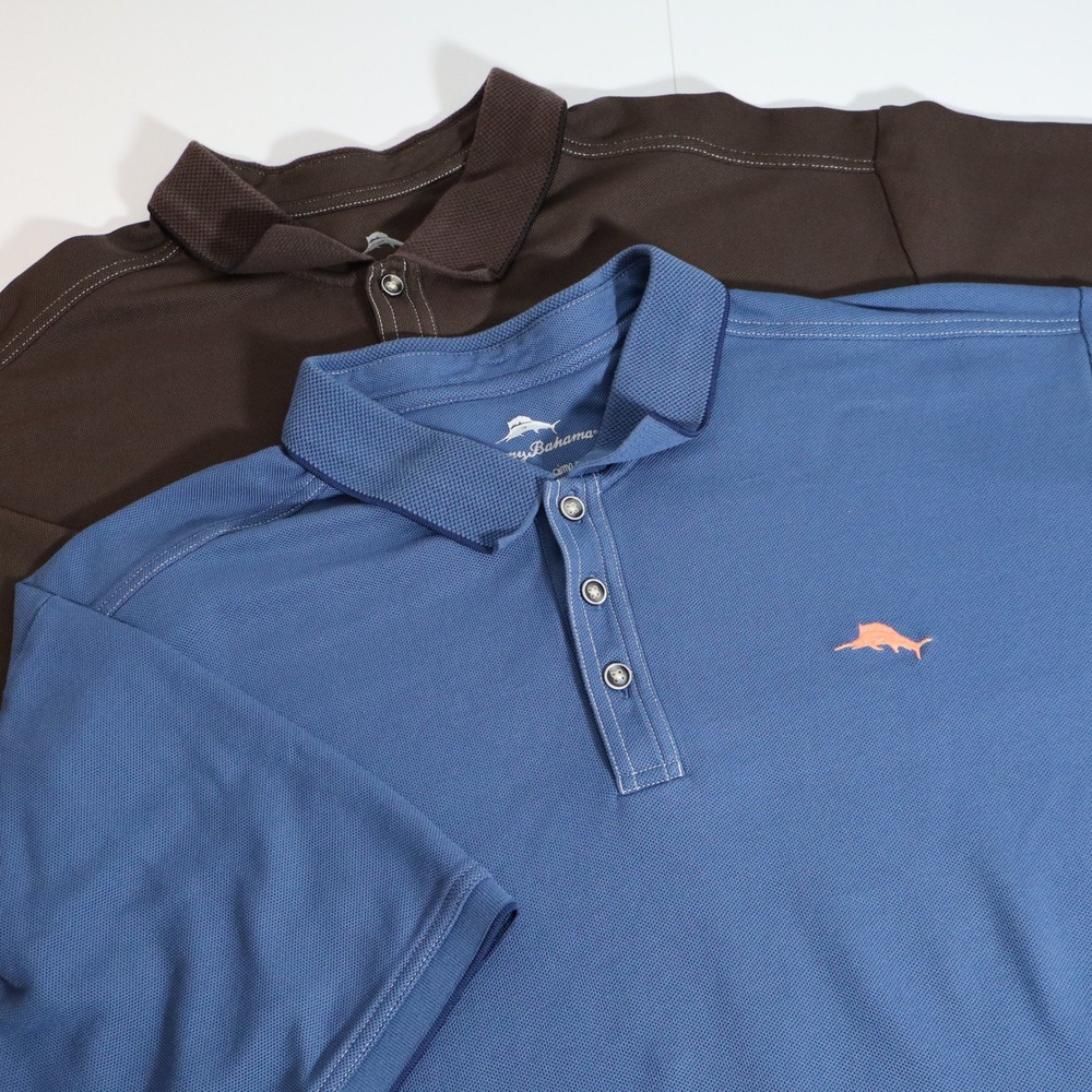 Lot of 2 Tommy Bahama Emfielder Polo Shirts XXL Brown Blue Supima Blend Pique